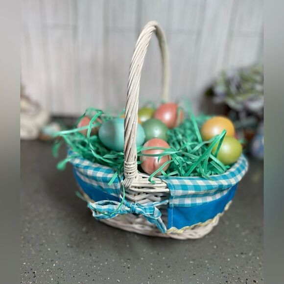 10” Basket Oval White w/ Handle Blue Gingham Liner Yellow RicRac Trim EPC - Picture 3 of 10